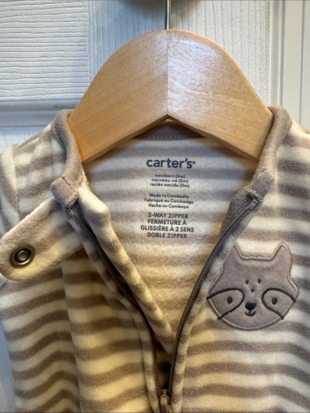 Carter's Striped Cream and Gray Footed One-Piece with Raccoon Patch